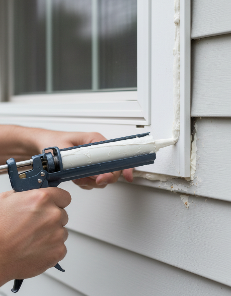 Close-up of a homeowner applying caulk to a drafty window frame.