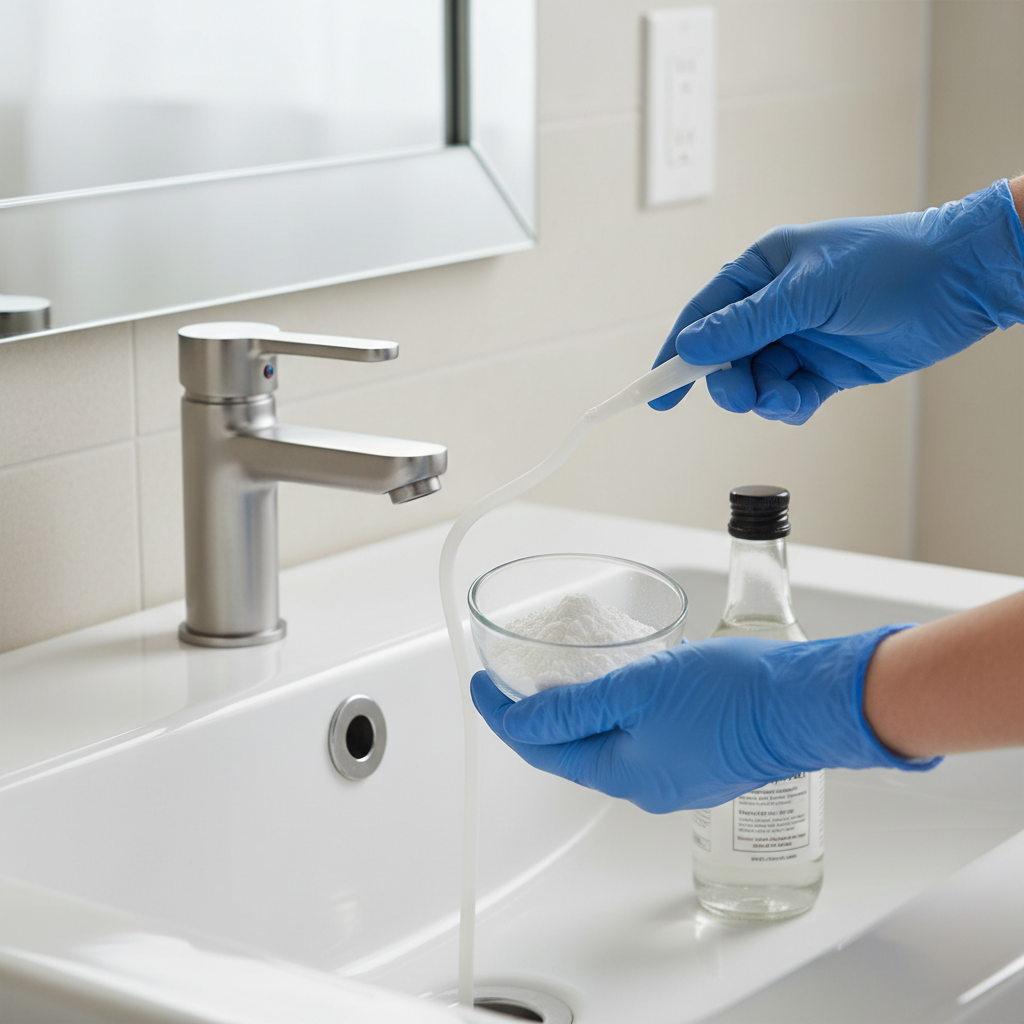 Homeowner using a drain snake and natural cleaners to fix a clogged sink drain