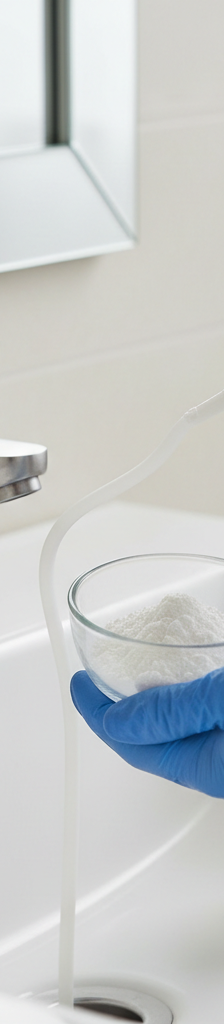 Homeowner using a drain snake and natural cleaners to fix a clogged sink drain