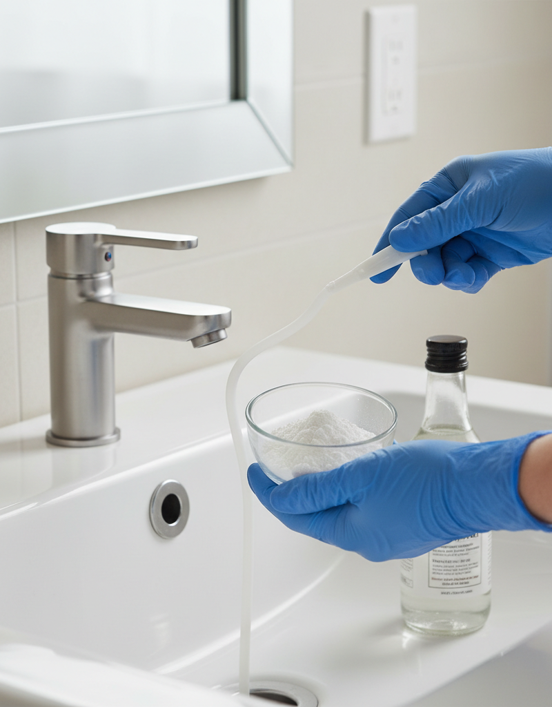 Homeowner using a drain snake and natural cleaners to fix a clogged sink drain