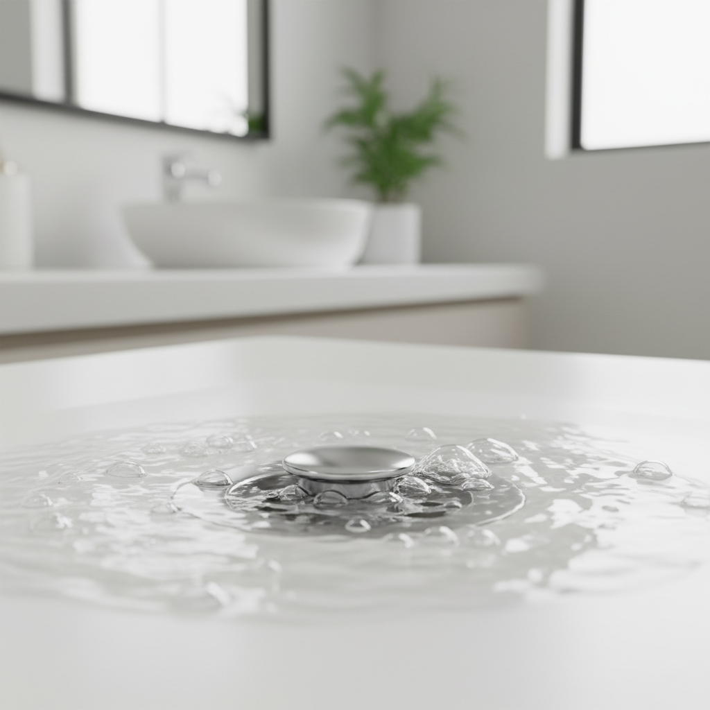Water gurgling down a chrome sink drain, with small air bubbles visible, indicating a plumbing vent issue.