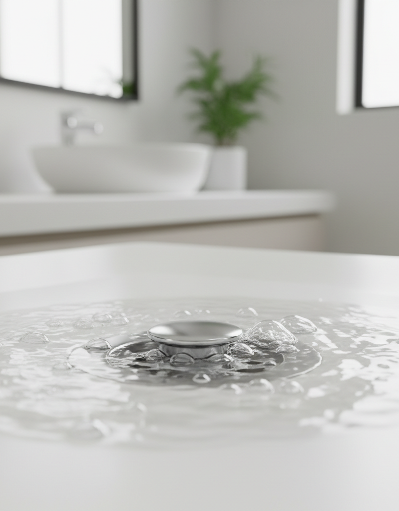 Water gurgling down a chrome sink drain, with small air bubbles visible, indicating a plumbing vent issue.
