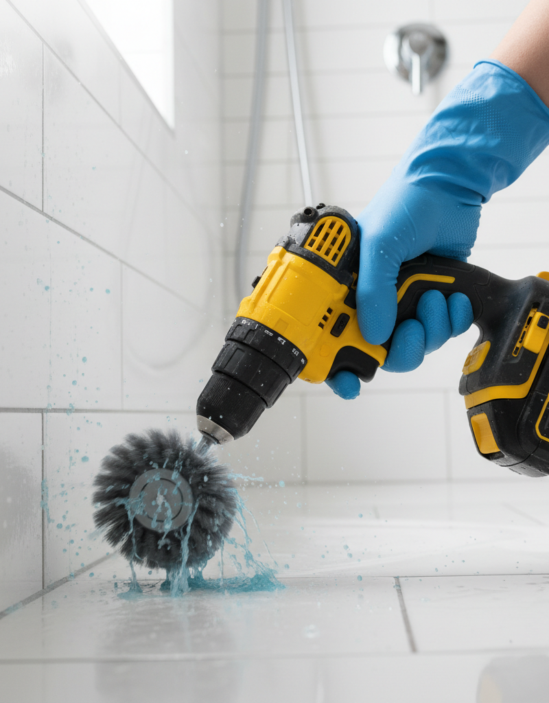 Cordless drill with brush attachment cleaning dirty bathroom tile grout with cleaning solution