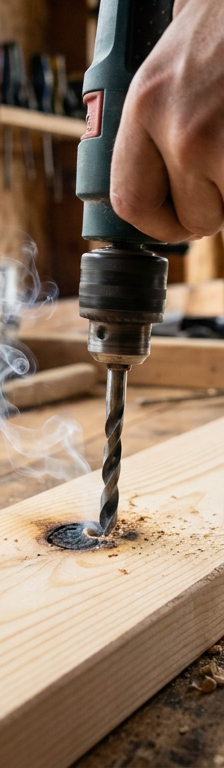 A smoking drill bit burning a hole in a piece of wood due to excessive friction and heat.