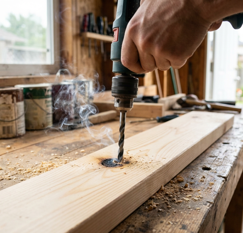 A smoking drill bit burning a hole in a piece of wood due to excessive friction and heat.
