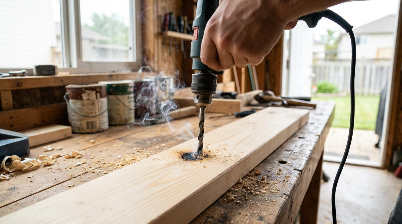 A smoking drill bit burning a hole in a piece of wood due to excessive friction and heat.