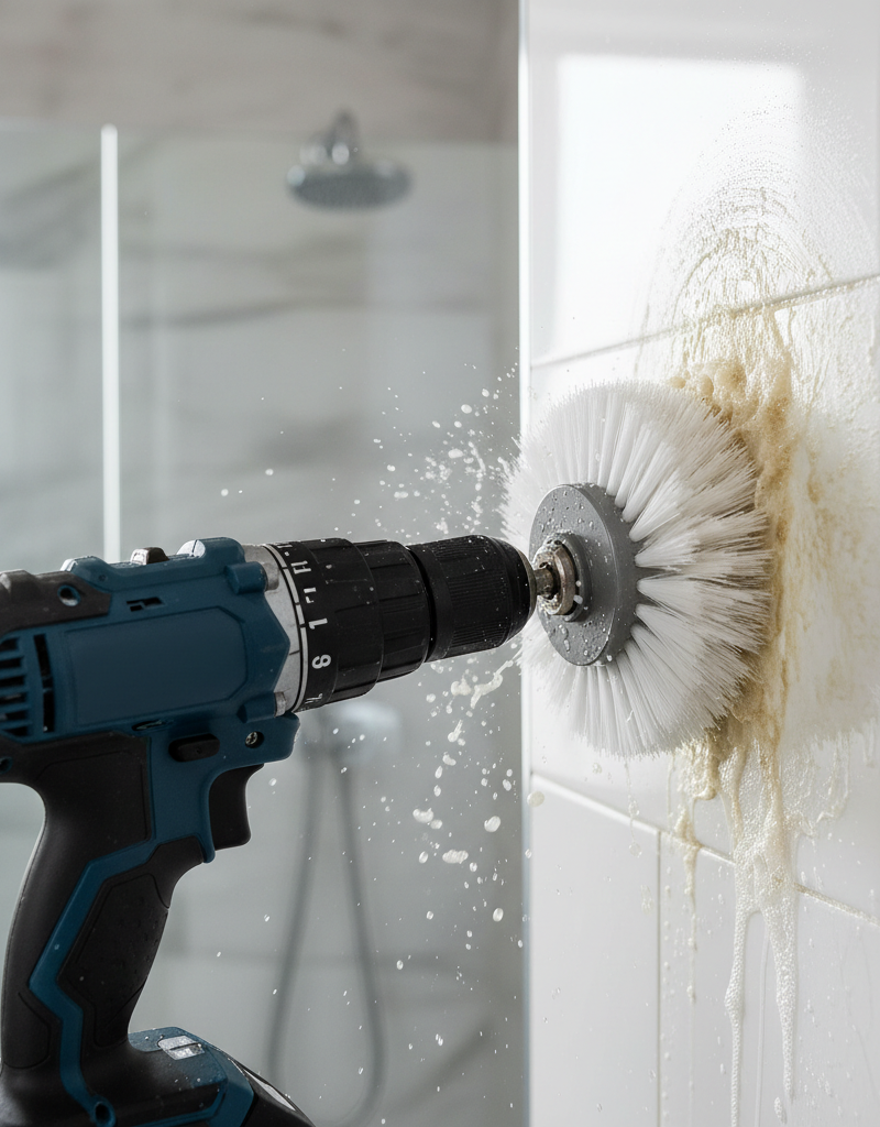 Cordless drill with a white brush attachment scrubbing soap scum from a shower wall tile