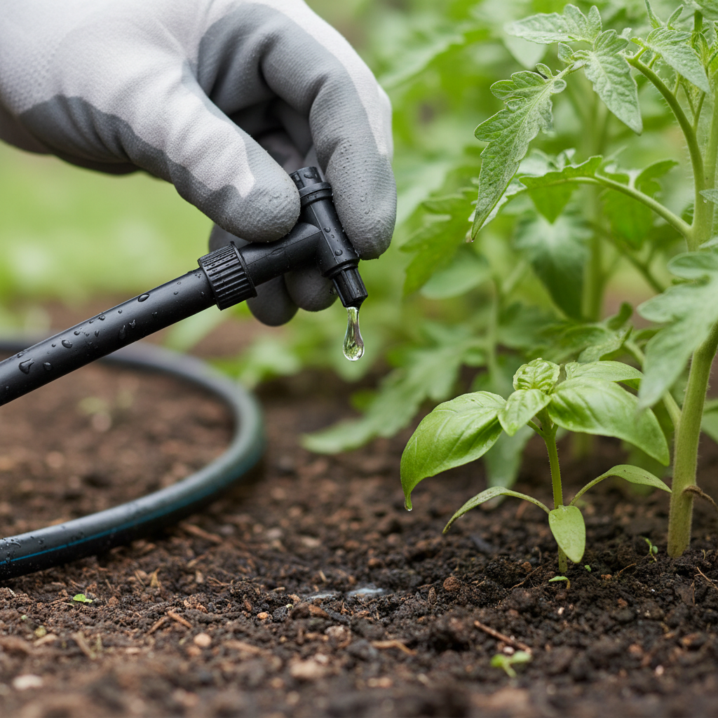 Gardener inspecting a barely dripping drip irrigation emitter near a parched plant