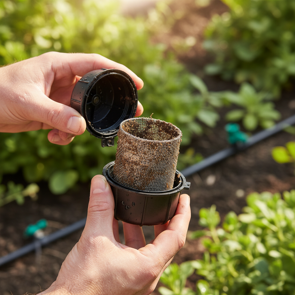 Homeowner's hands inspecting a clogged drip irrigation filter, a common cause of system failure.