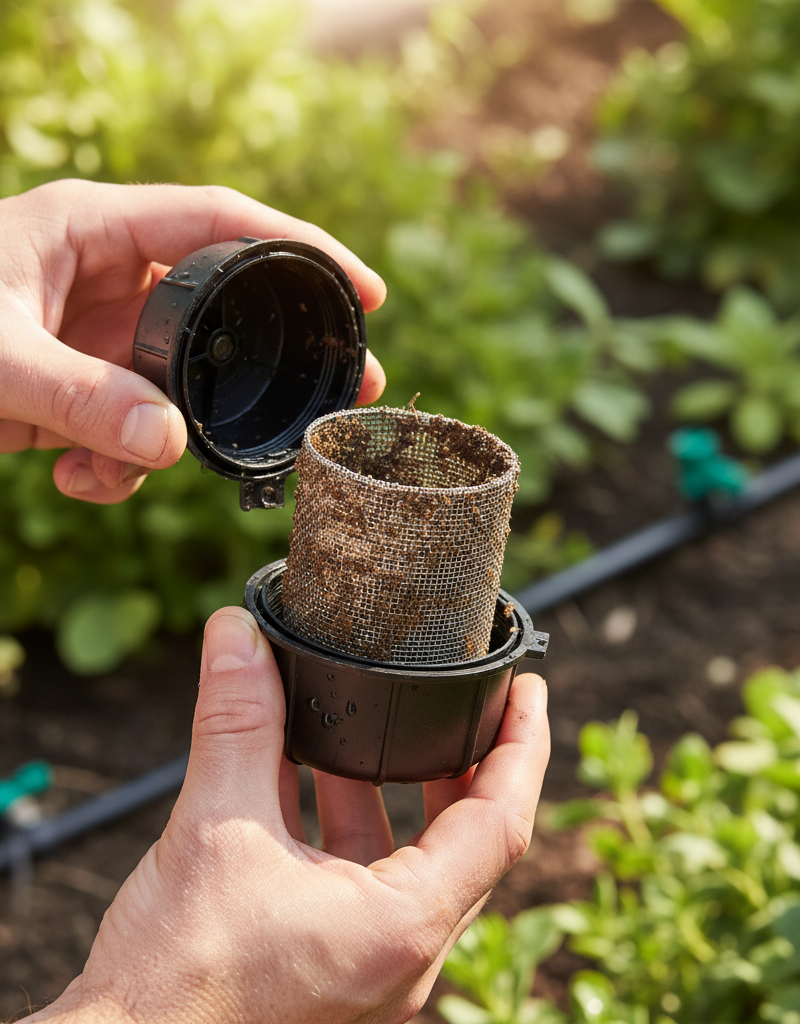 Homeowner's hands inspecting a clogged drip irrigation filter, a common cause of system failure.