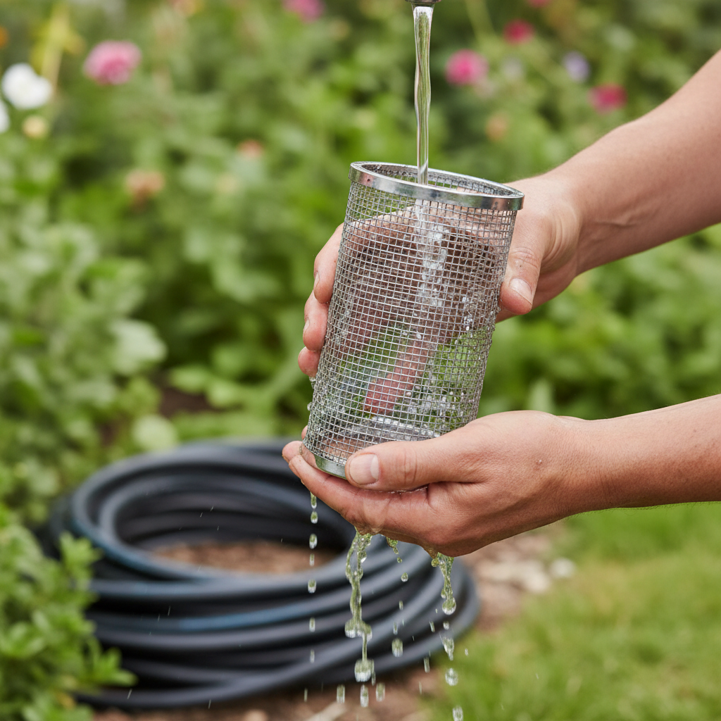 Homeowner's hand cleaning a dirty drip irrigation filter screen under a faucet.