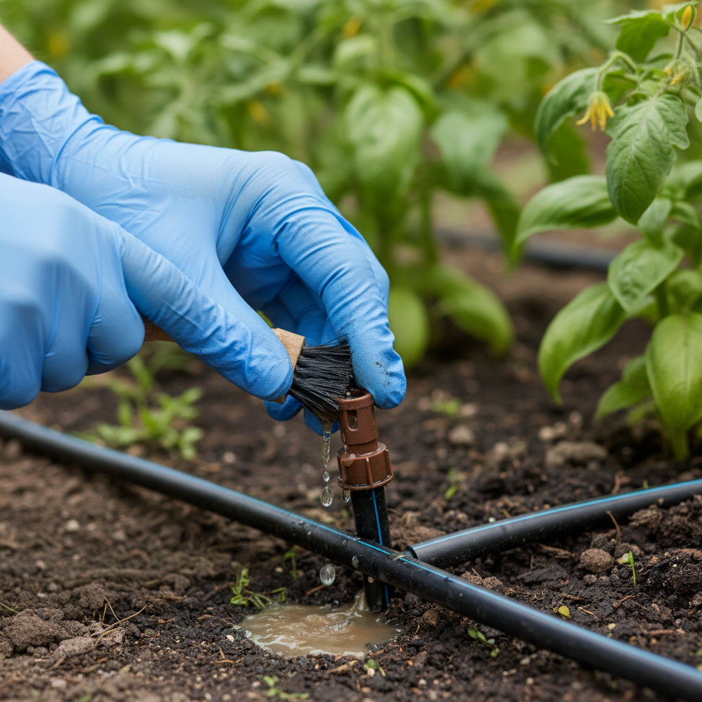 Homeowner's hand cleaning a clogged drip irrigation emitter with a small brush, showing accumulated dirt and mineral deposits.