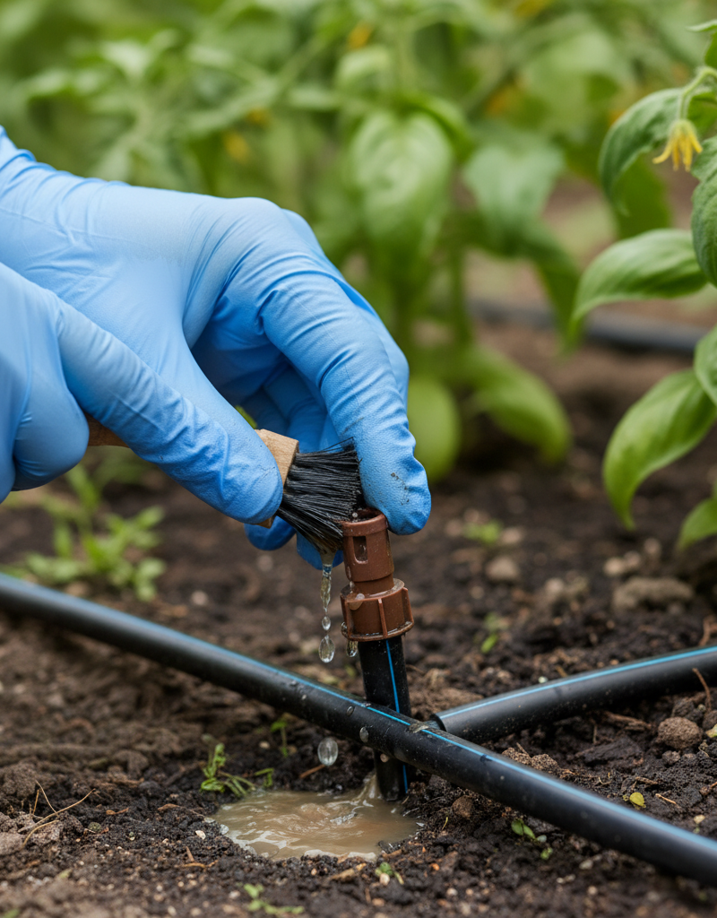 Homeowner's hand cleaning a clogged drip irrigation emitter with a small brush, showing accumulated dirt and mineral deposits.