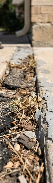 Cracked concrete driveway expansion joint with rotted fiberboard and weeds before repair