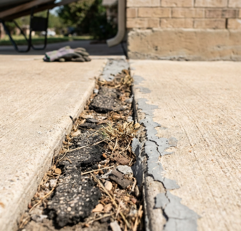 Cracked concrete driveway expansion joint with rotted fiberboard and weeds before repair