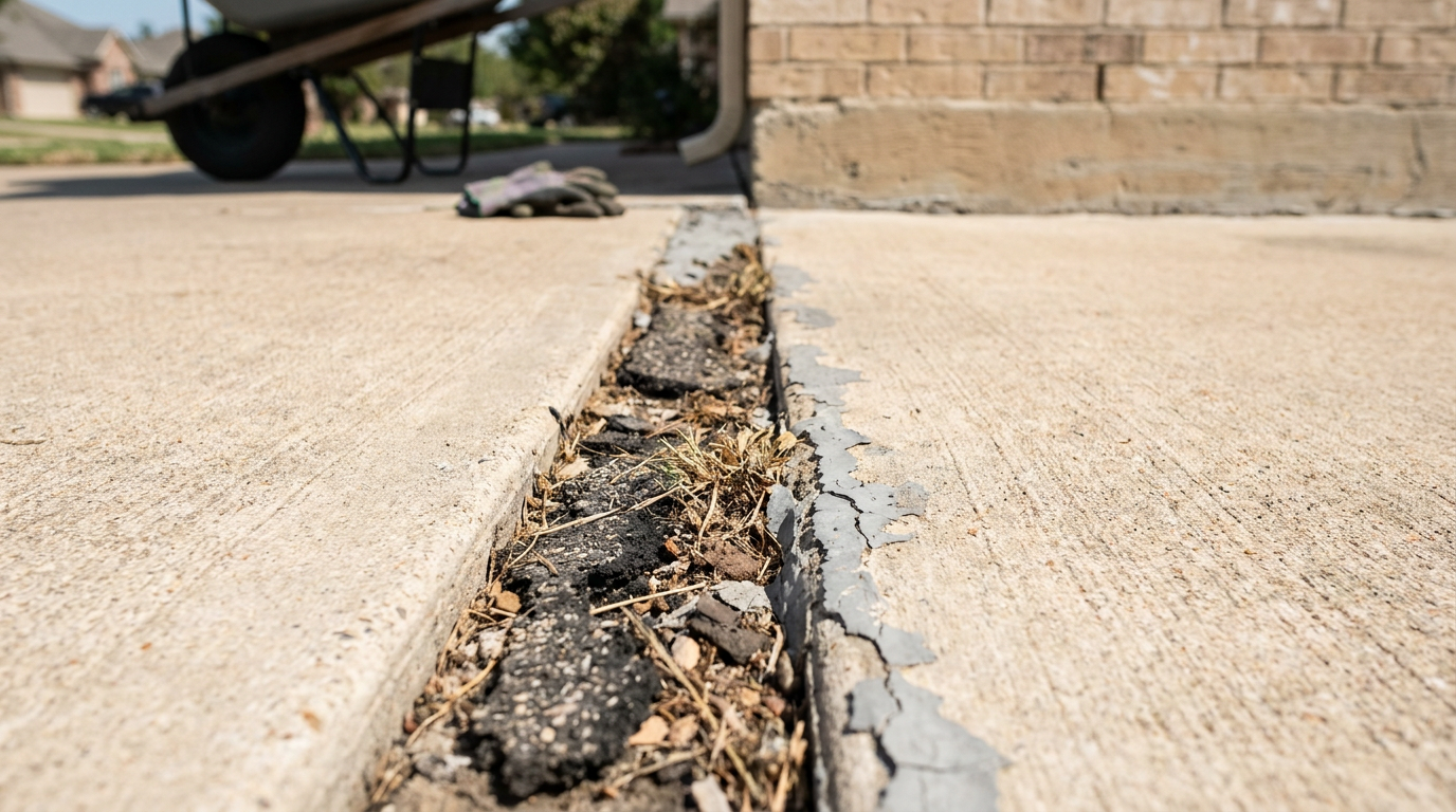 Cracked concrete driveway expansion joint with rotted fiberboard and weeds before repair