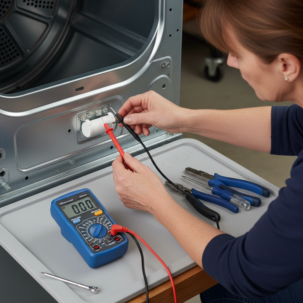 Homeowner testing a dryer thermal fuse with a multimeter on an unplugged electric dryer.