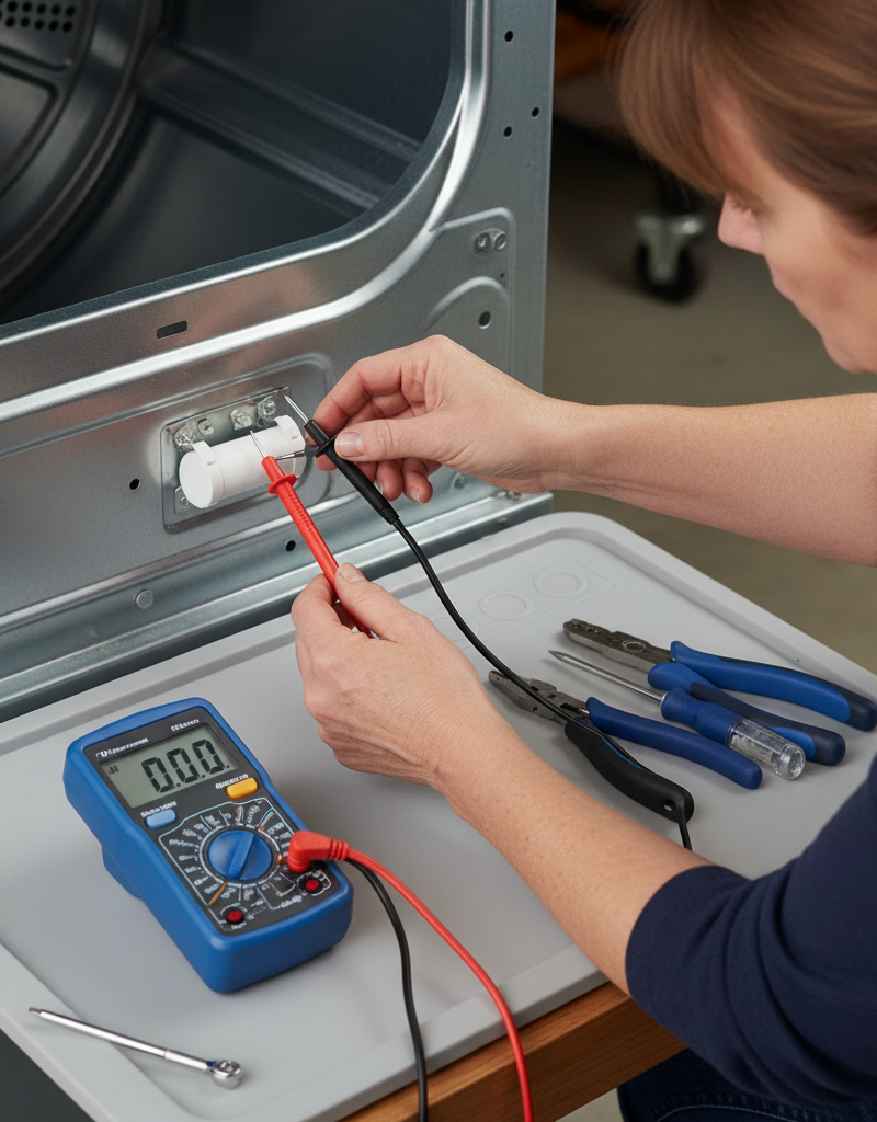 Homeowner testing a dryer thermal fuse with a multimeter on an unplugged electric dryer.