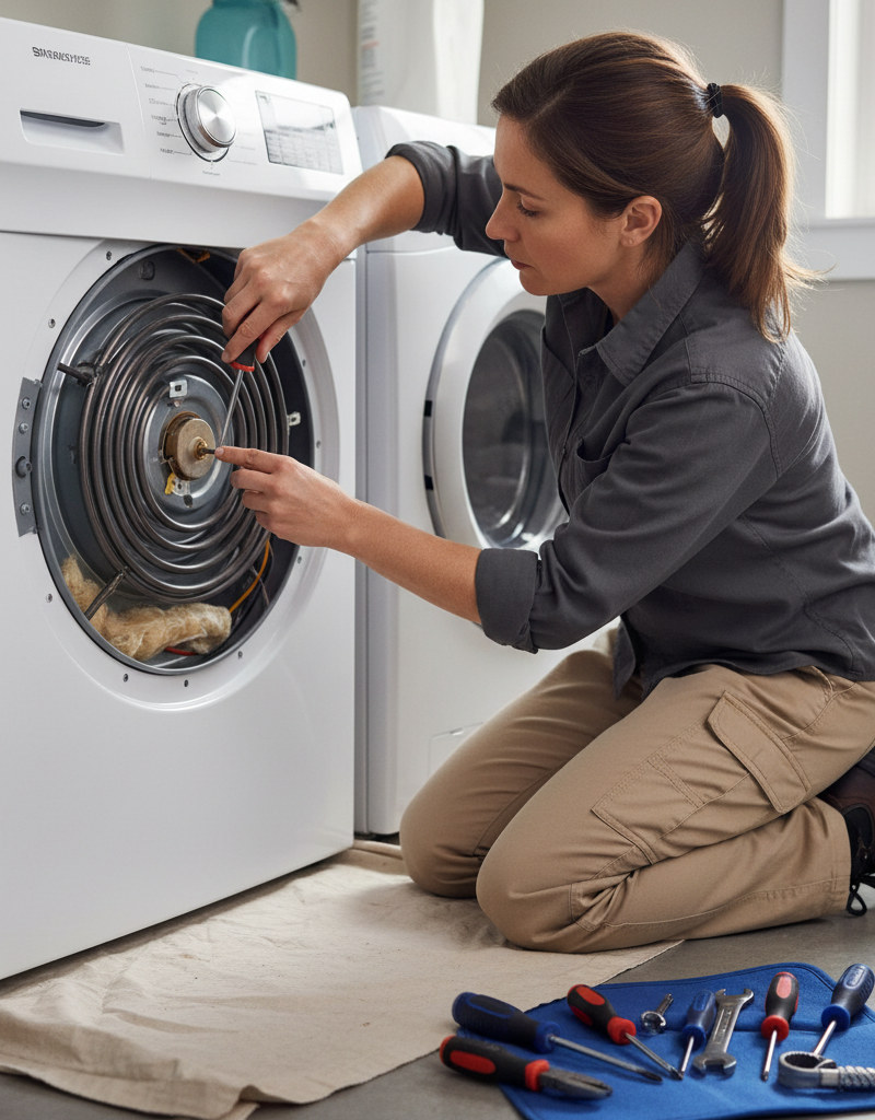 Homeowner repairing a dryer, replacing the heating element after removing the rear panel.
