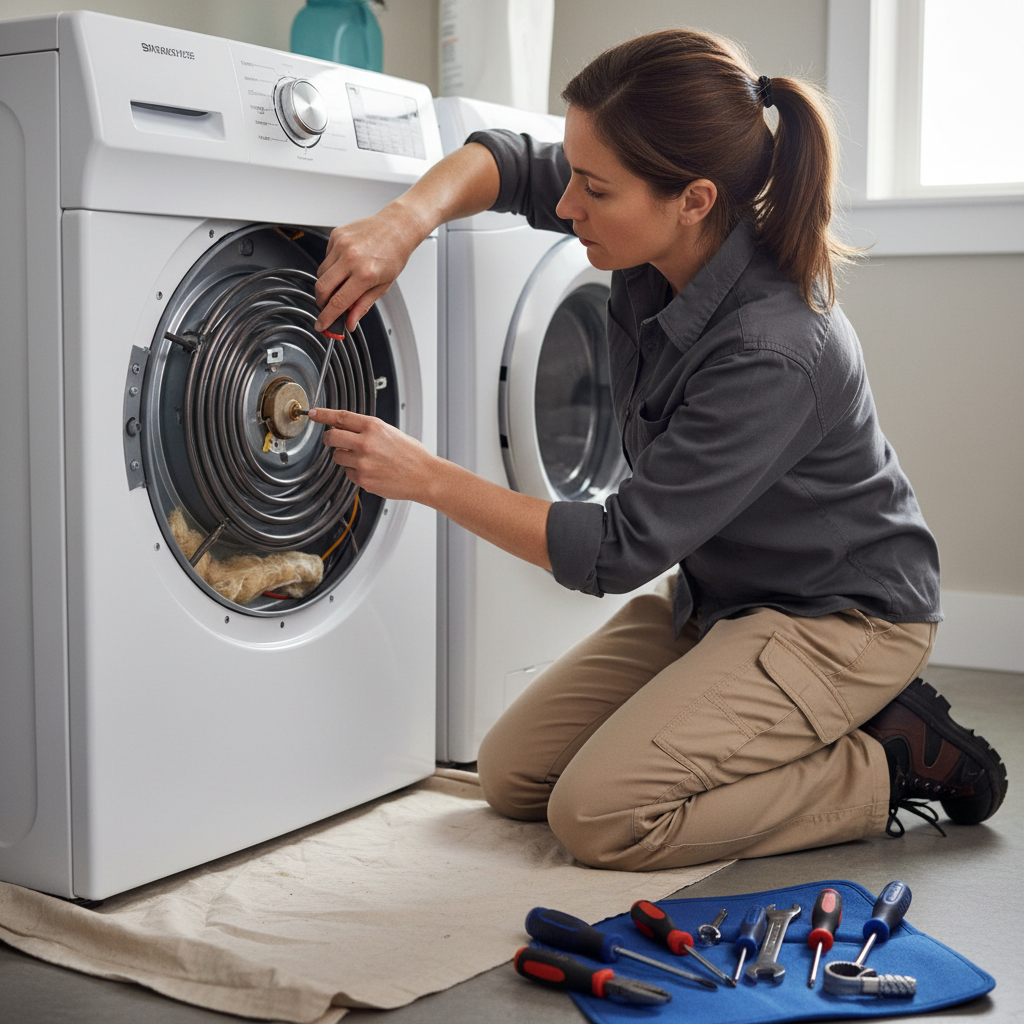 Homeowner repairing a dryer, replacing the heating element after removing the rear panel.