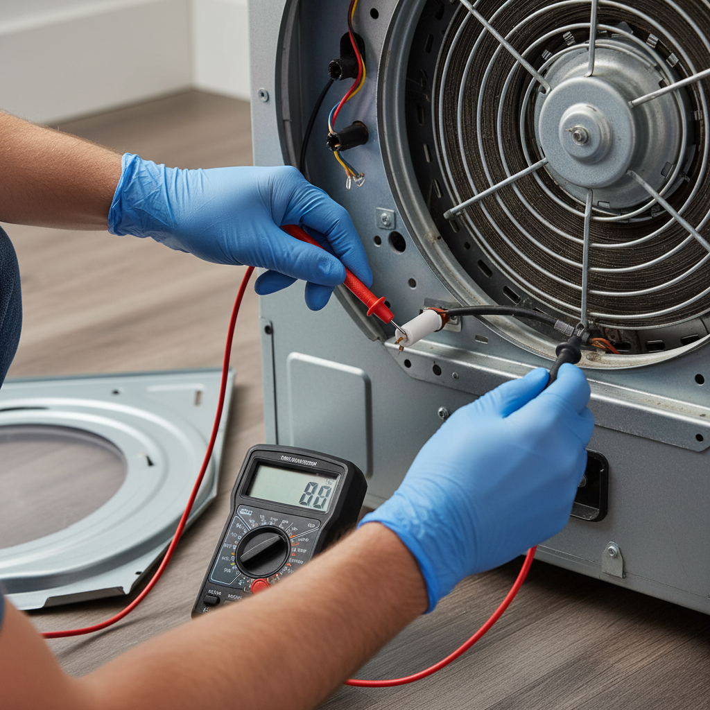 Homeowner testing a dryer thermal cutoff fuse with a multimeter on an unplugged electric dryer.