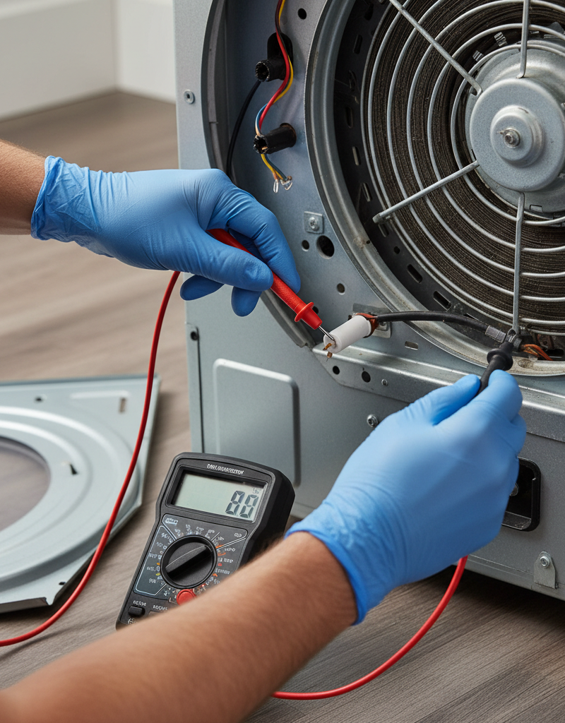 Homeowner testing a dryer thermal cutoff fuse with a multimeter on an unplugged electric dryer.
