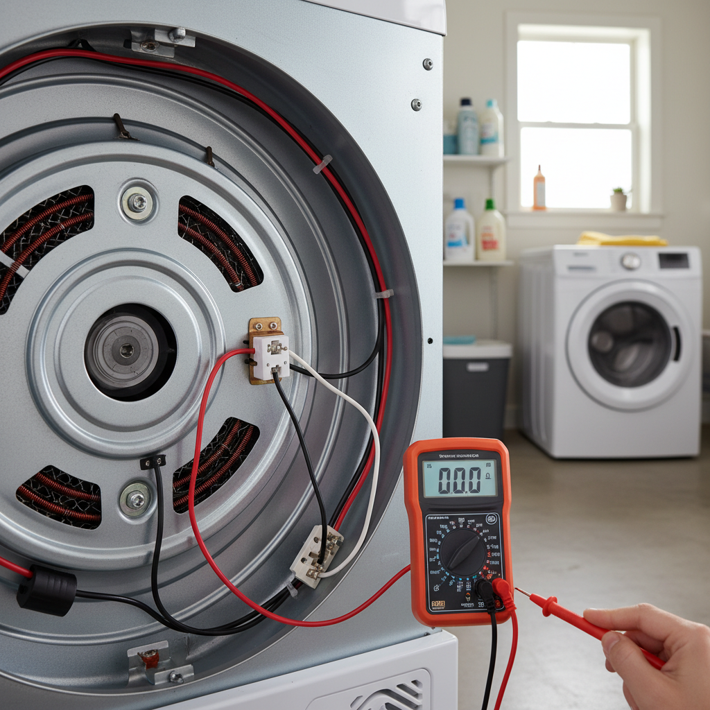 Homeowner testing a dryer thermal fuse with a multimeter on the back of an electric dryer.