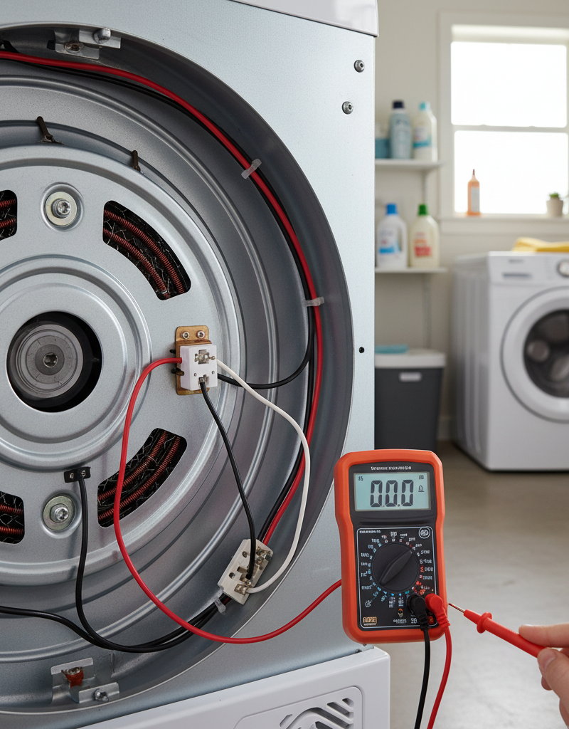 Homeowner testing a dryer thermal fuse with a multimeter on the back of an electric dryer.