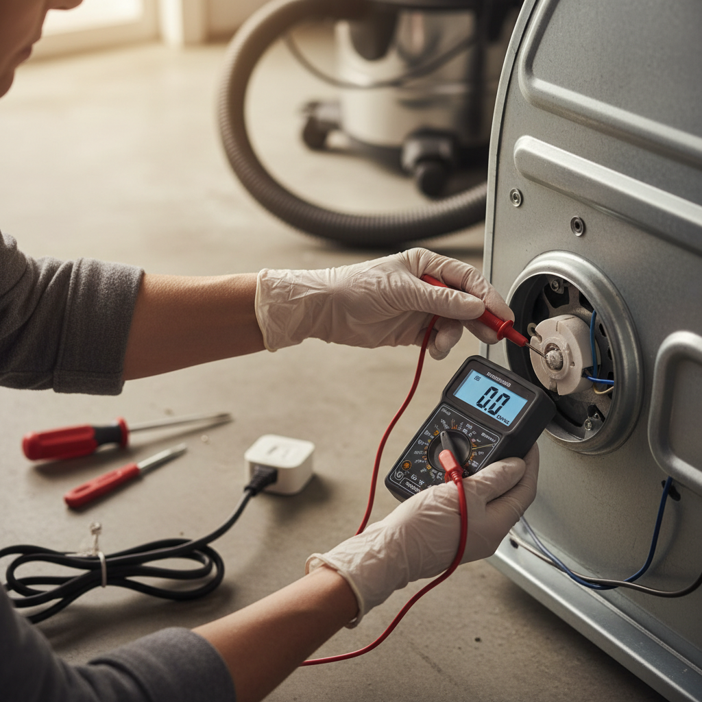 Homeowner testing a dryer thermal fuse with a multimeter during a no-heat repair.