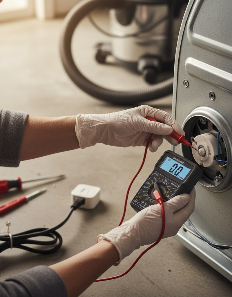 Homeowner testing a dryer thermal fuse with a multimeter during a no-heat repair.