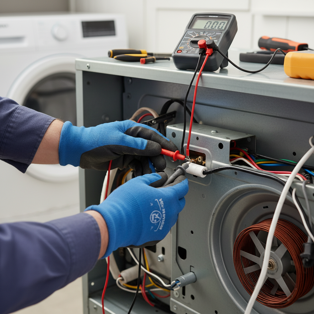 Homeowner testing a dryer thermal fuse with a multimeter on an open electric dryer.