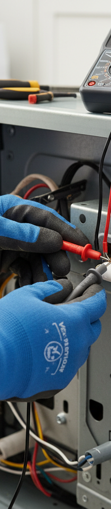 Homeowner testing a dryer thermal fuse with a multimeter on an open electric dryer.