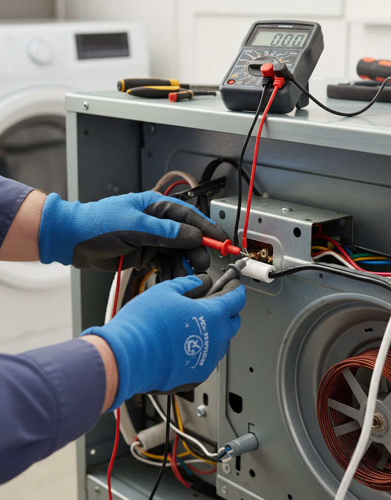 Homeowner testing a dryer thermal fuse with a multimeter on an open electric dryer.