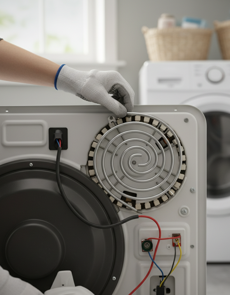 Homeowner installing a new heating element into the back of an electric clothes dryer.
