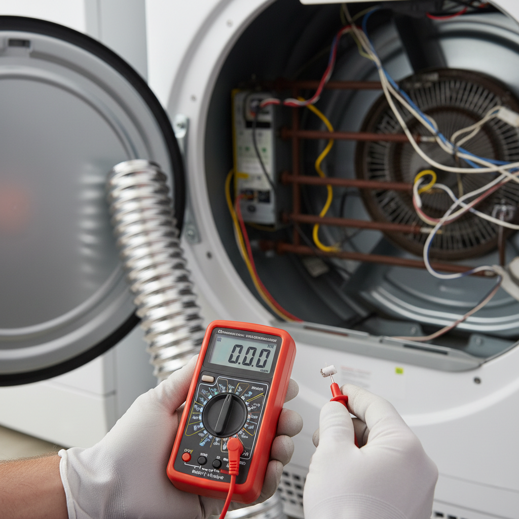 Homeowner testing a dryer thermal fuse with a multimeter