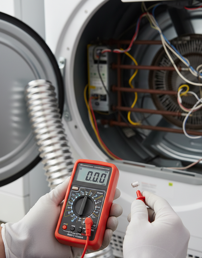 Homeowner testing a dryer thermal fuse with a multimeter