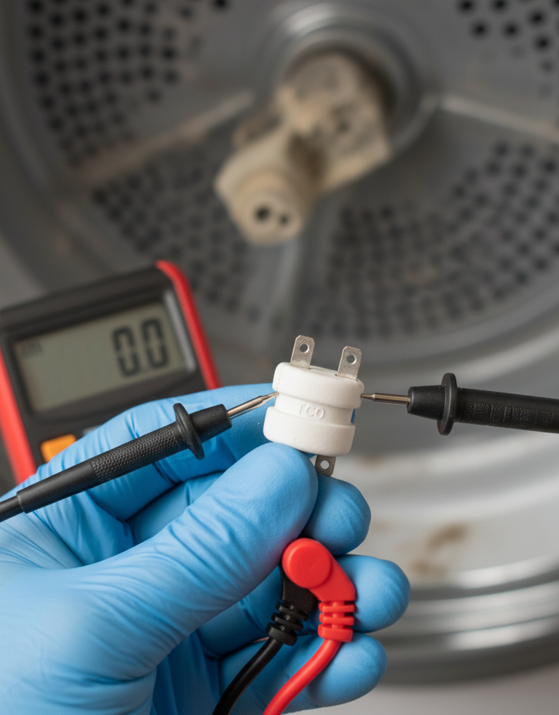 Hand testing a dryer thermal fuse with a multimeter, showing continuity test.