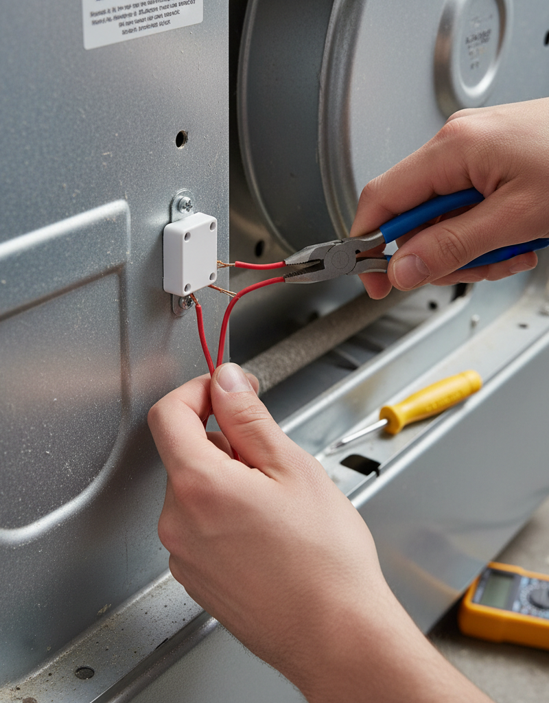Homeowner testing and replacing a thermal fuse in an electric dryer's rear panel