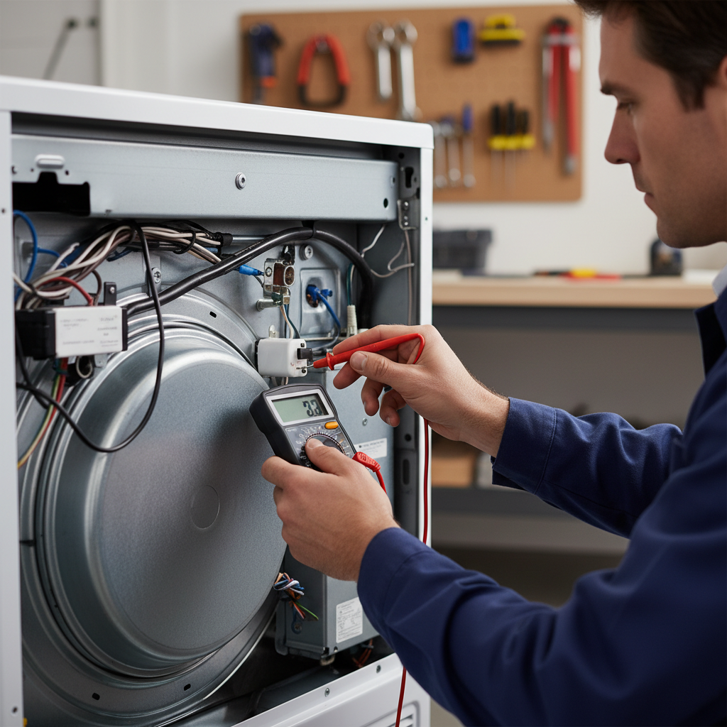 Homeowner testing a dryer thermal fuse with a multimeter to diagnose a no-heat issue.