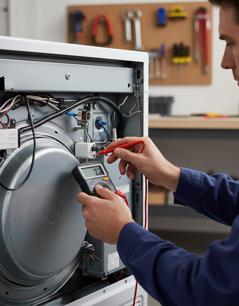 Homeowner testing a dryer thermal fuse with a multimeter to diagnose a no-heat issue.