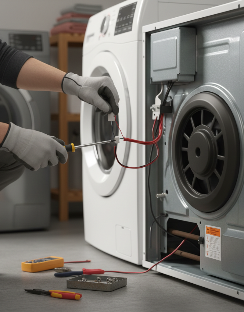 Homeowner replacing a thermal fuse in an electric dryer's rear panel with a screwdriver.