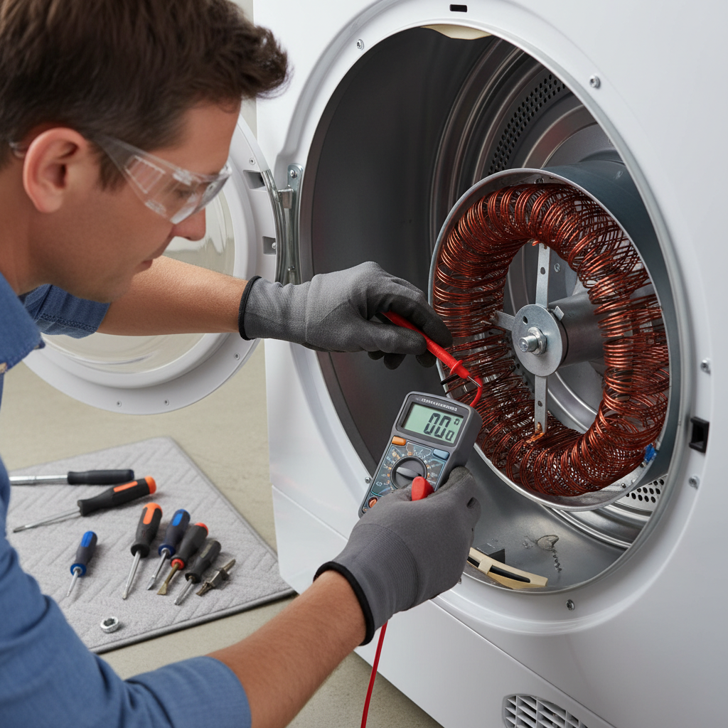 Homeowner testing a dryer heating element with a multimeter during troubleshooting.