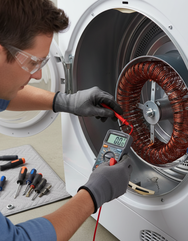 Homeowner testing a dryer heating element with a multimeter during troubleshooting.