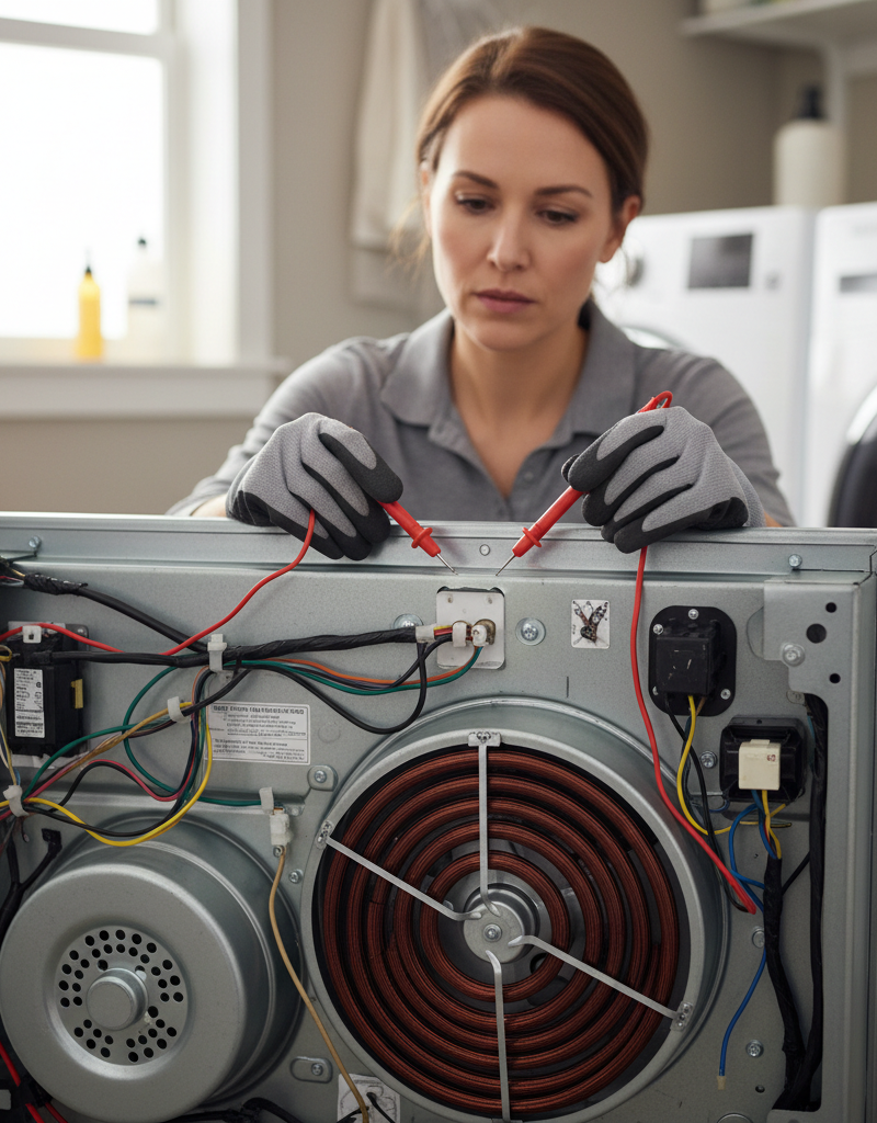 Homeowner testing a dryer's thermal fuse with a multimeter, troubleshooting a no-heat problem.