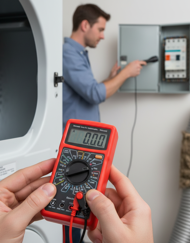 Homeowner inspecting dryer vent for clogs and testing a thermal fuse with a multimeter to troubleshoot a dryer not heating.
