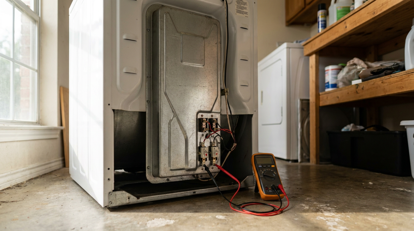 Open rear panel of an electric dryer showing heating element assembly and multimeter testing