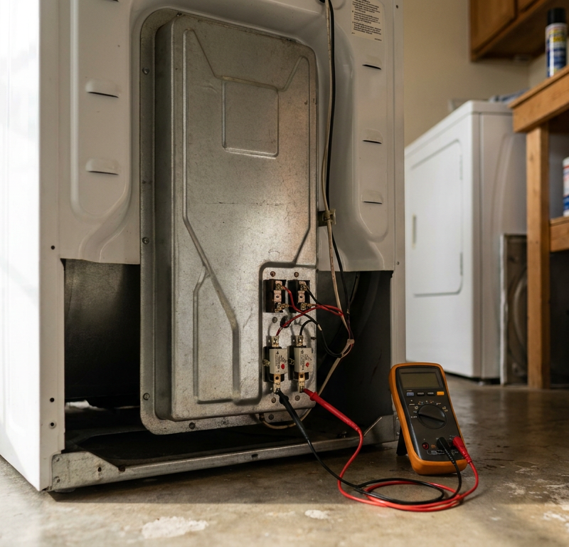 Open rear panel of an electric dryer showing heating element assembly and multimeter testing