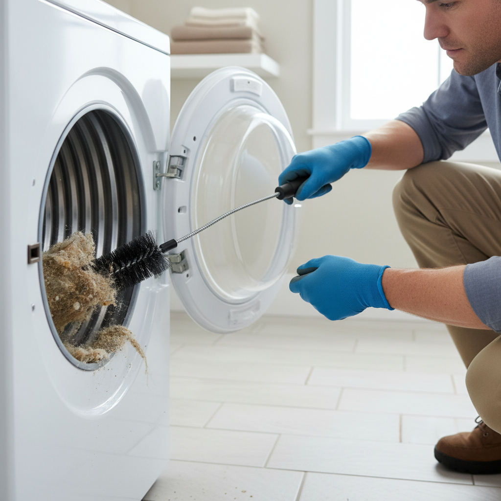 Homeowner cleaning a clogged dryer vent with a long brush and shop vacuum
