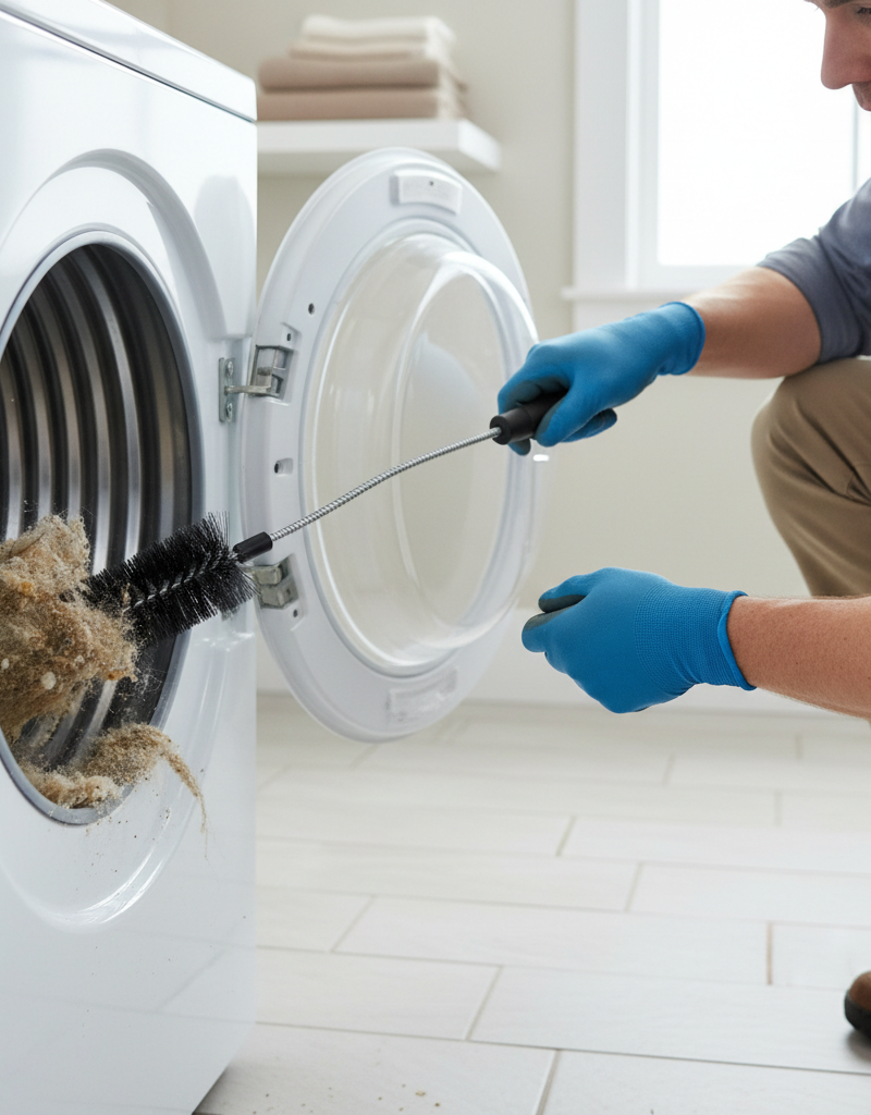 Homeowner cleaning a clogged dryer vent with a long brush and shop vacuum