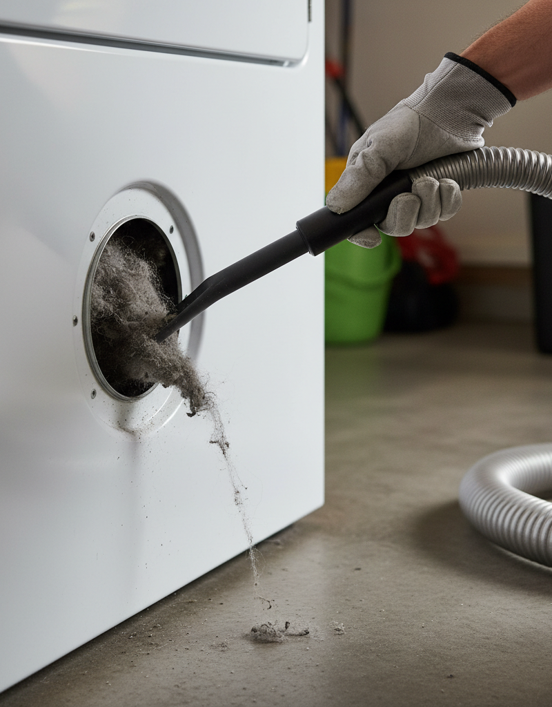 Homeowner cleaning lint from a dryer's exhaust port with a vacuum